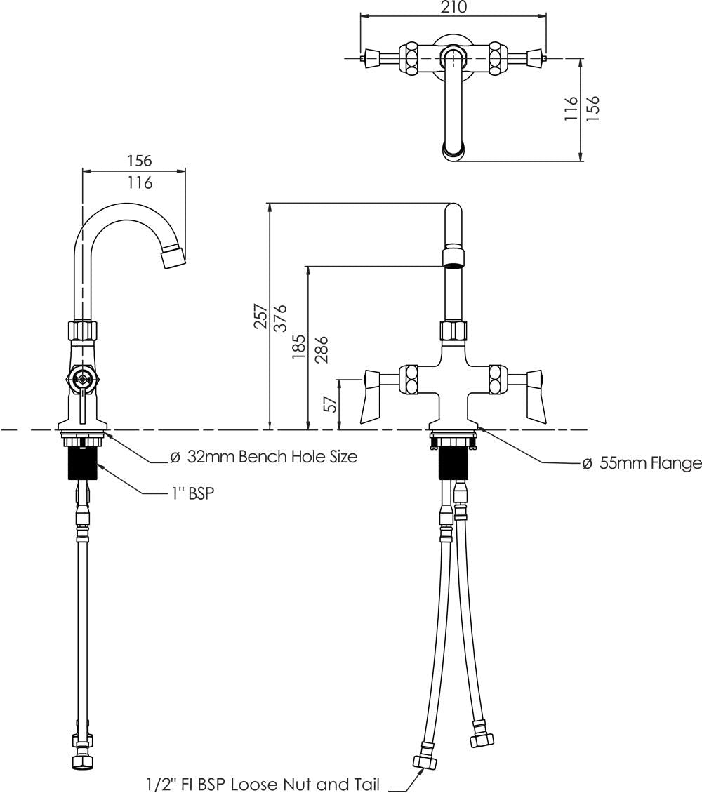 Dual Bench Mount Body with Gooseneck Swivel 7" Spout - T-3MDHG07