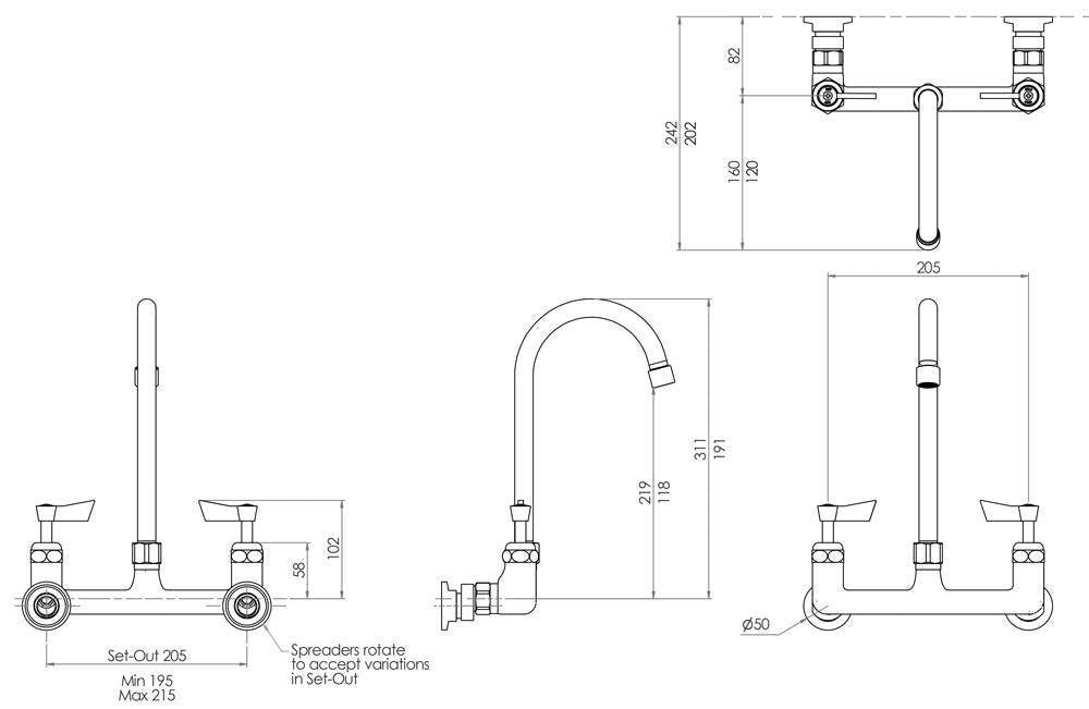 3Monkeez Stainless Steel Exposed Wall Mount Body with Gooseneck Swivel 7" Spout - T-3MEWG07