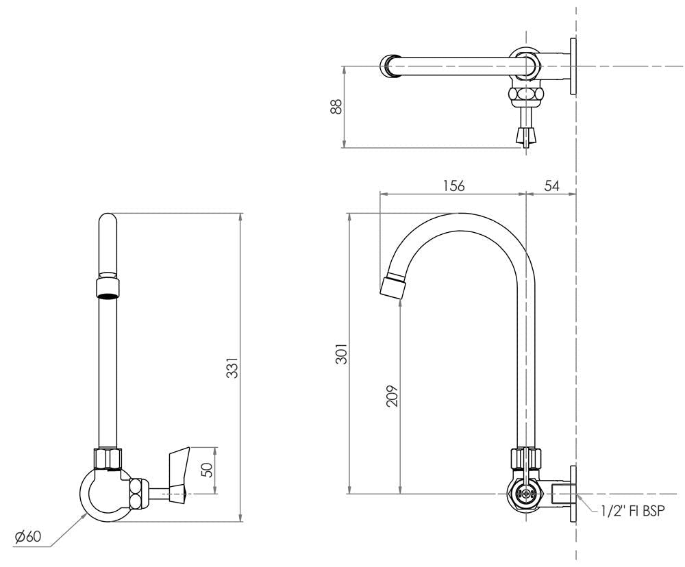 3Monkeez Stainless Steel Single Wall Mount Body with Single Control and 12" Gooseneck Swivel Spout - T-3MSWG12