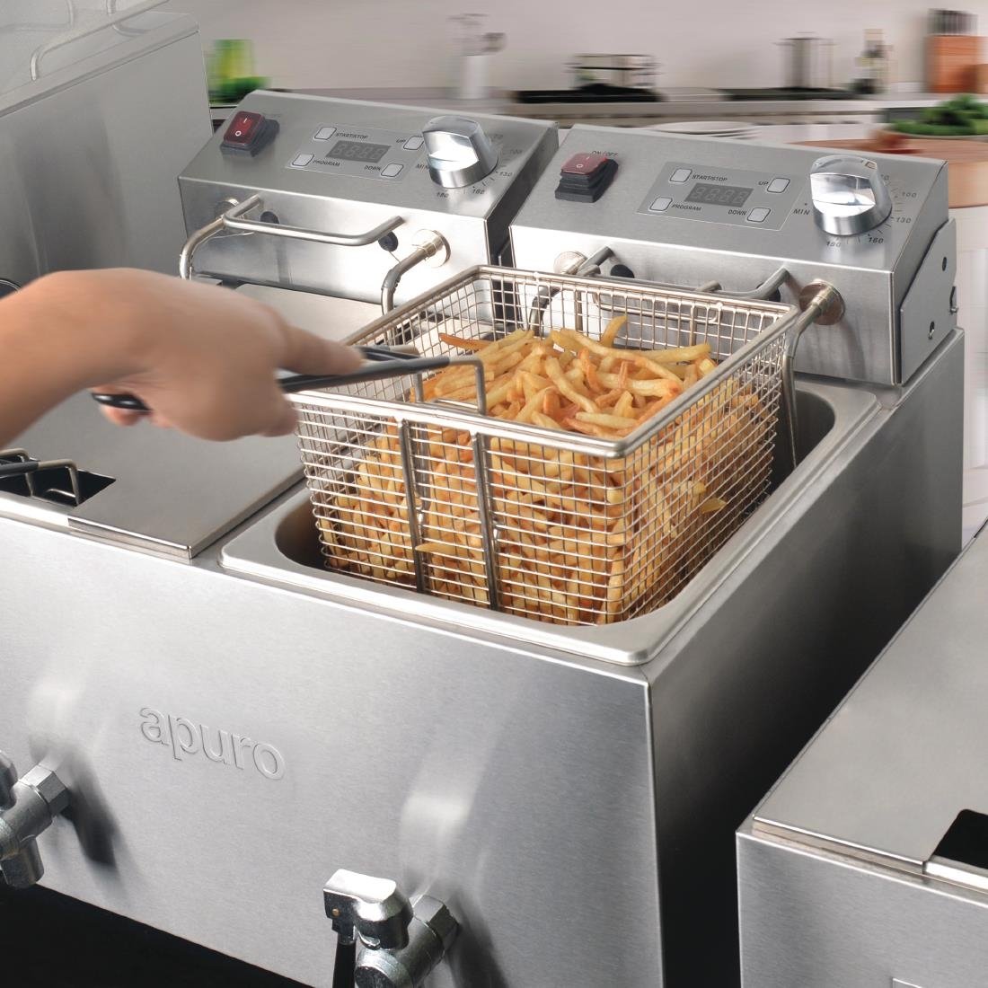 Apuro Twin Tank Twin Basket 8Ltr Countertop Fryer with Timer 2x 2.9kW - FC375-A