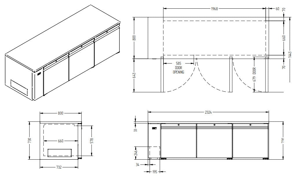 Williams Emerald - Three Door Stainless Steel Remote Under Counter Refrigerator HE3RSS