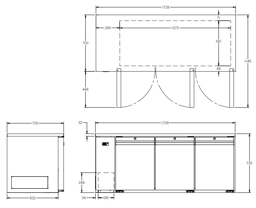 Williams Opal - Three Door Stainless Steel Remote Under Counter Refrigerator With Blown Air Well HO3RSSBA
