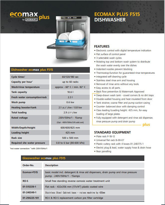 Hobart ECOMAXPLUS Glass/Dishwasher - ECOMAXPLUSF515-D