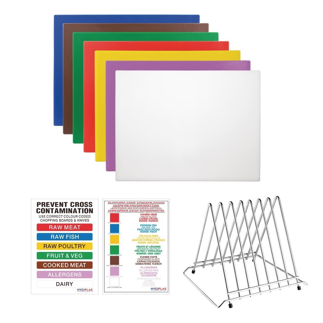 Hygiplas High Density Set of 7 Chopping Boards, Steel Rack & Wall Chart - 600x450x12mm - FY992