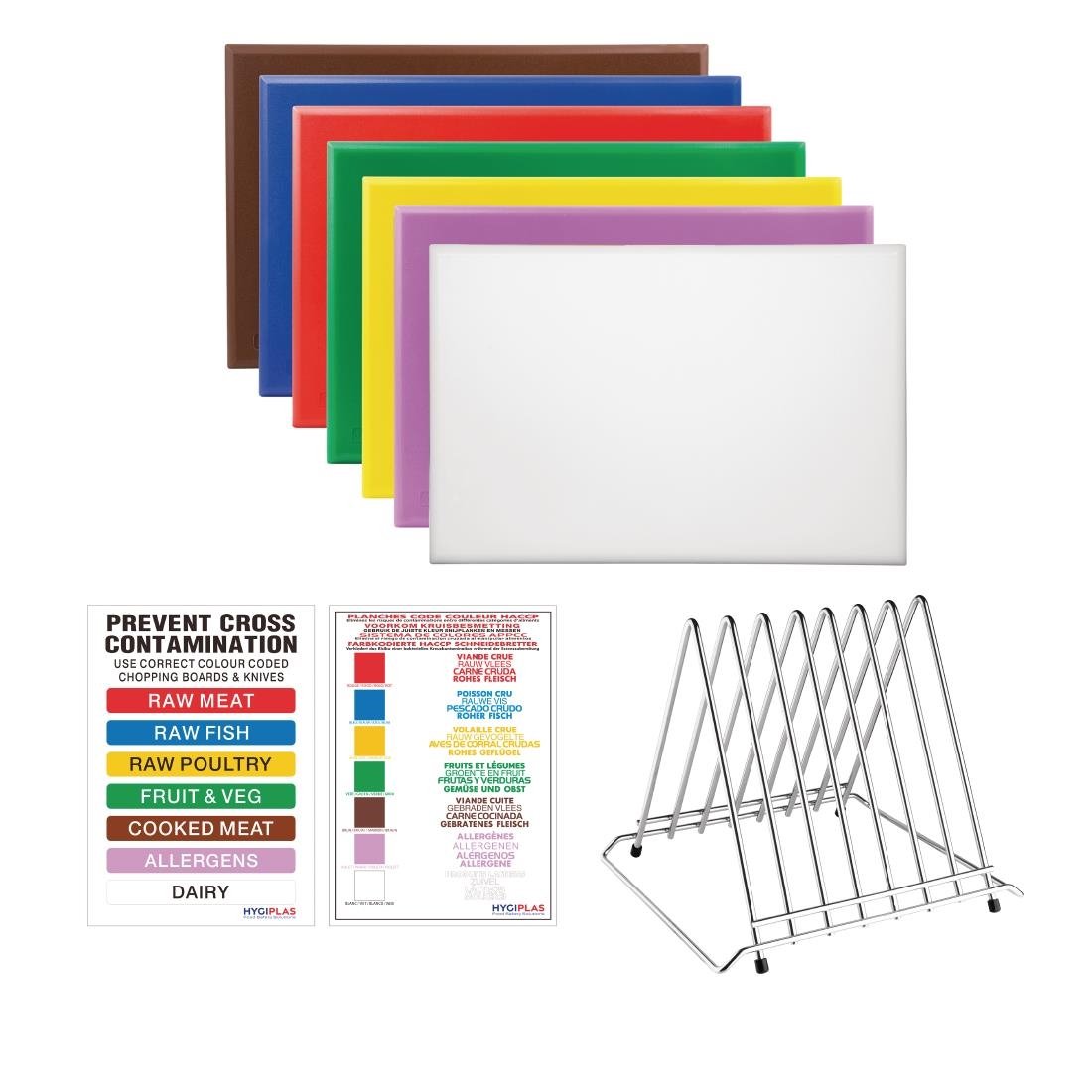 Hygiplas High Density Set of 7 Chopping Boards, Steel Rack & Wall Chart - 600x450x25mm - FY993