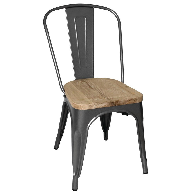 Bolero Steel Dining Side Chairs with Wooden Seat pads Grey (Pack of 4)