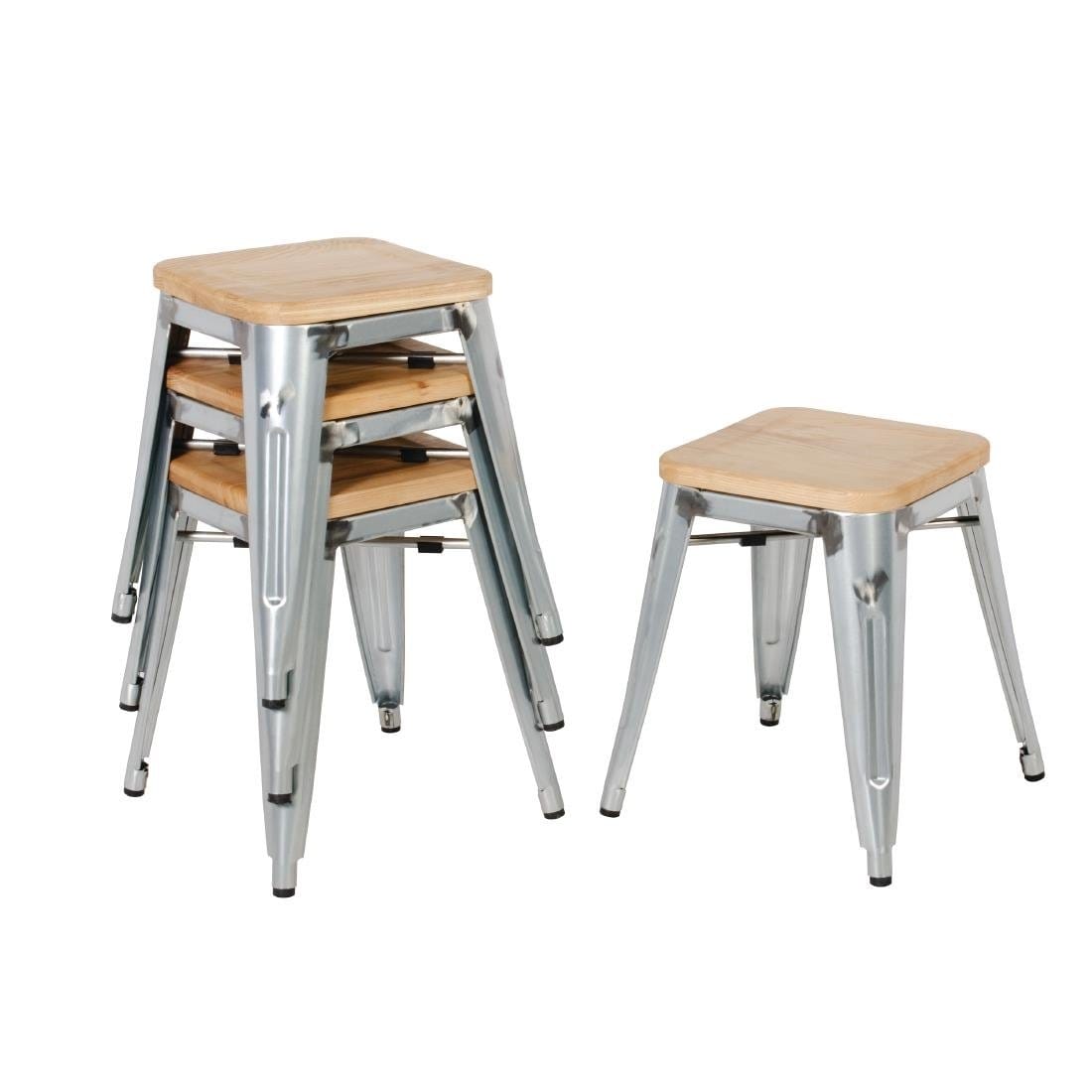 Bolero Galvanised Steel Bistro Low Stools with Wooden Seat Pad - GM634