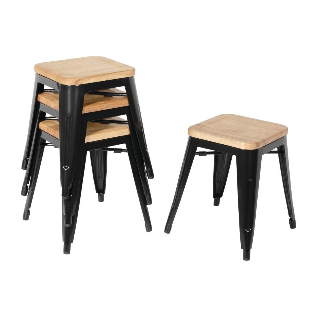 Bolero Low Metal Bar Stools with Wooden Seat Pad Black - GM635