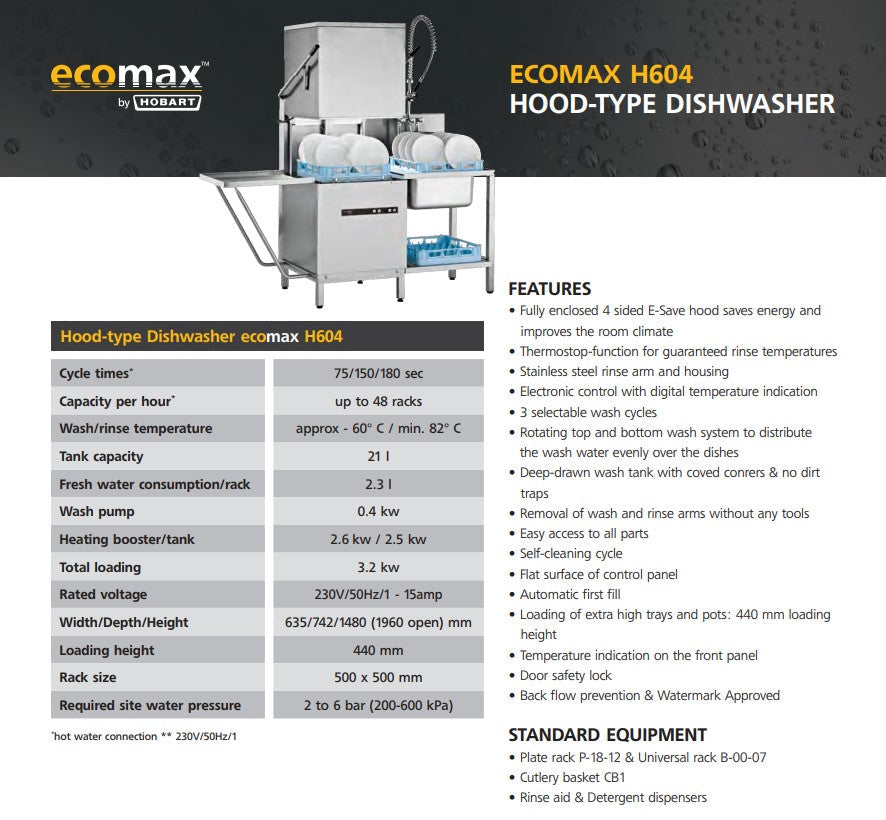 Hobart ECOMAX Single Phase 15Amp Dishwasher - ECOMAX604