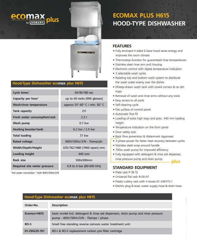 Hobart ECOMAXPLUS Dishwasher - ECOMAXPLUSH615