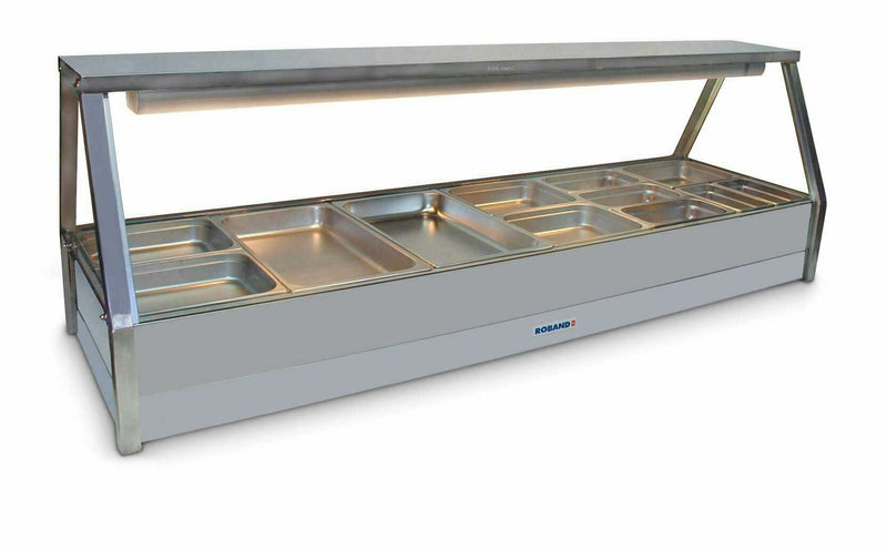 Roband Straight Glass Hot Food Display Bar, 12 pans double row with Both-Side Roller Door