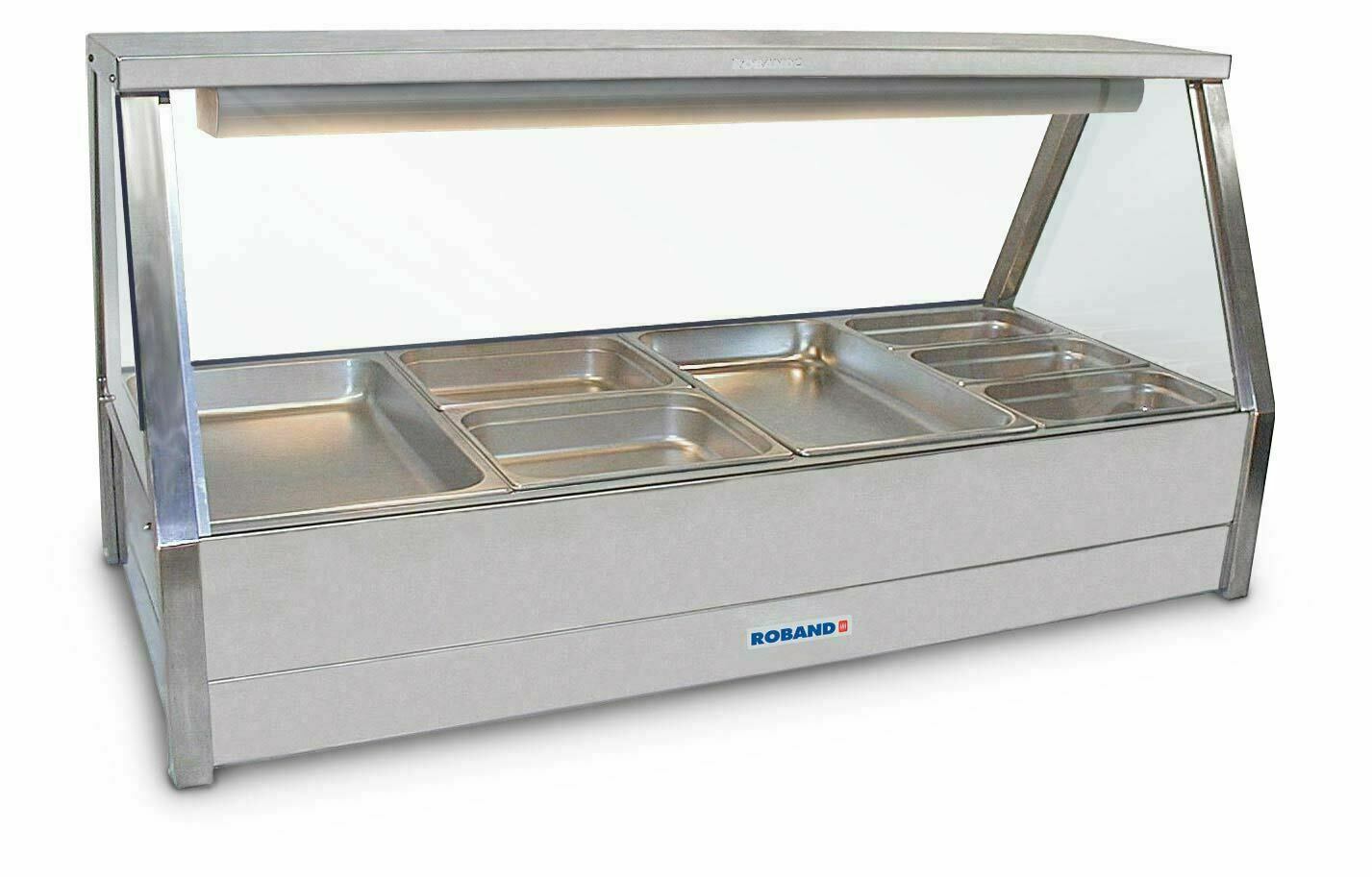 Roband Straight Glass Hot Food Display Bar, 8 pans double row with Both-Side Roller Door