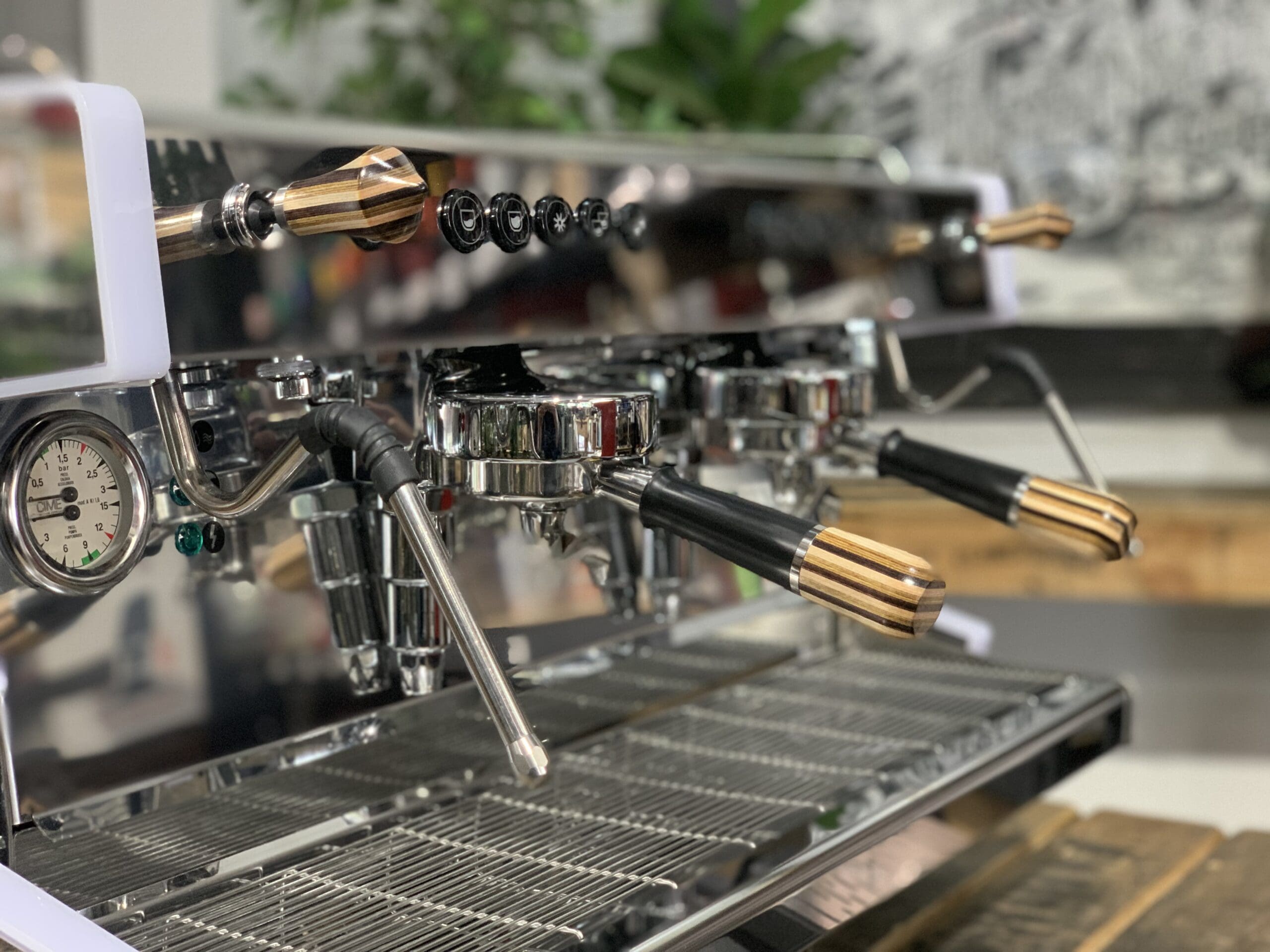 Cime CO-03 Neo E61 White w. Black & Brown Pesado - 2 Group Commercial Espresso Machine - Timber