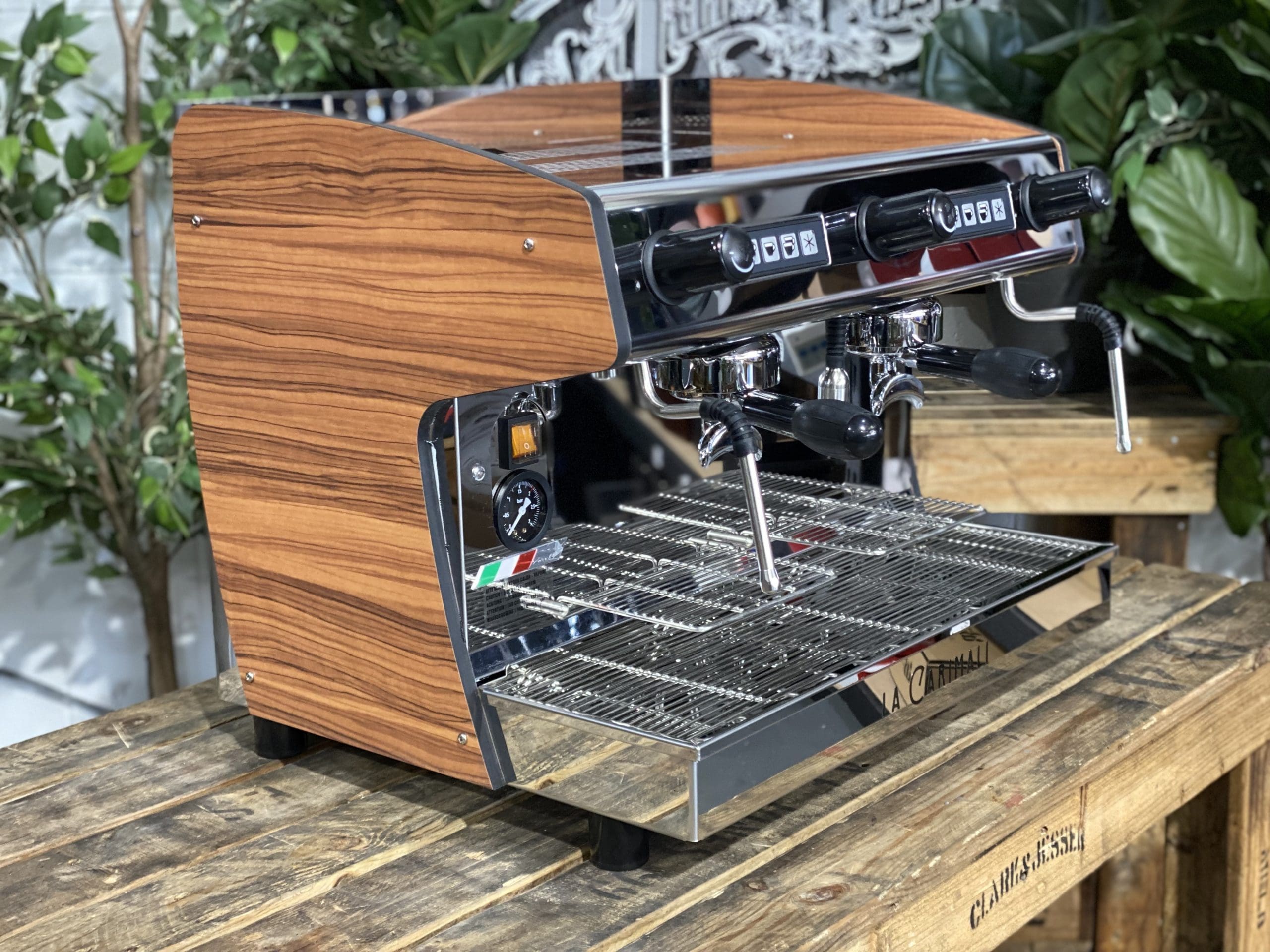 Carimali Pratica E2 Stainless Steel and Sides - 2 Group Commercial Espresso Machine - Timber