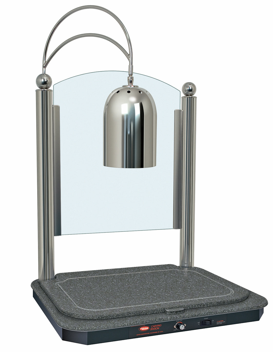 Hatco Glo-Ray Decorative Glo Ray Carving Station with a Swanstone heated base, adjustable overhead light and sneeze guard - 608mm x 506mm x 864mm - 1168mm - DCSB400-2420-1-NSBN