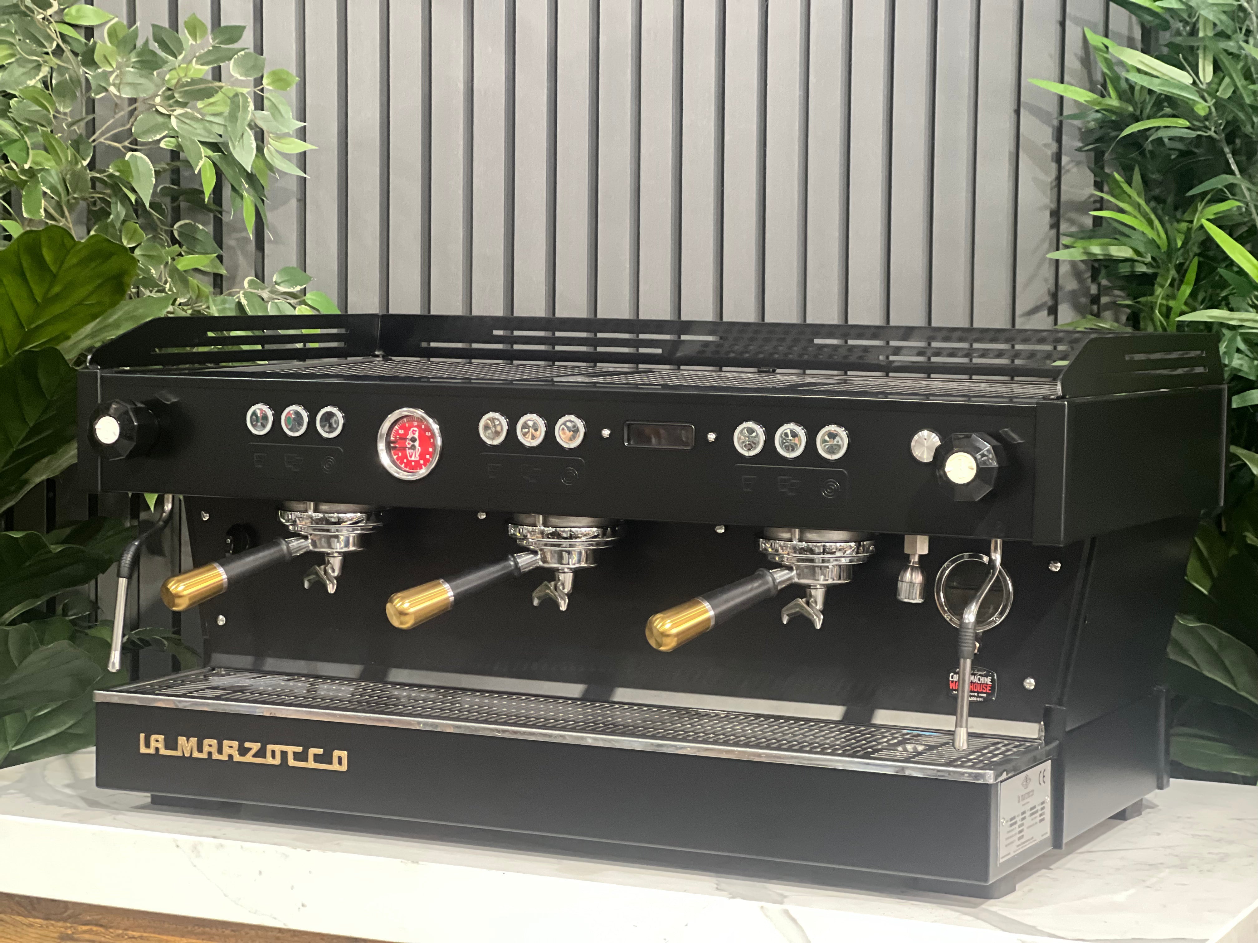 La Marzocco Linea PB Black with Gold Pesado & Logo - 3 Group Commercial Espresso Machine - Gold