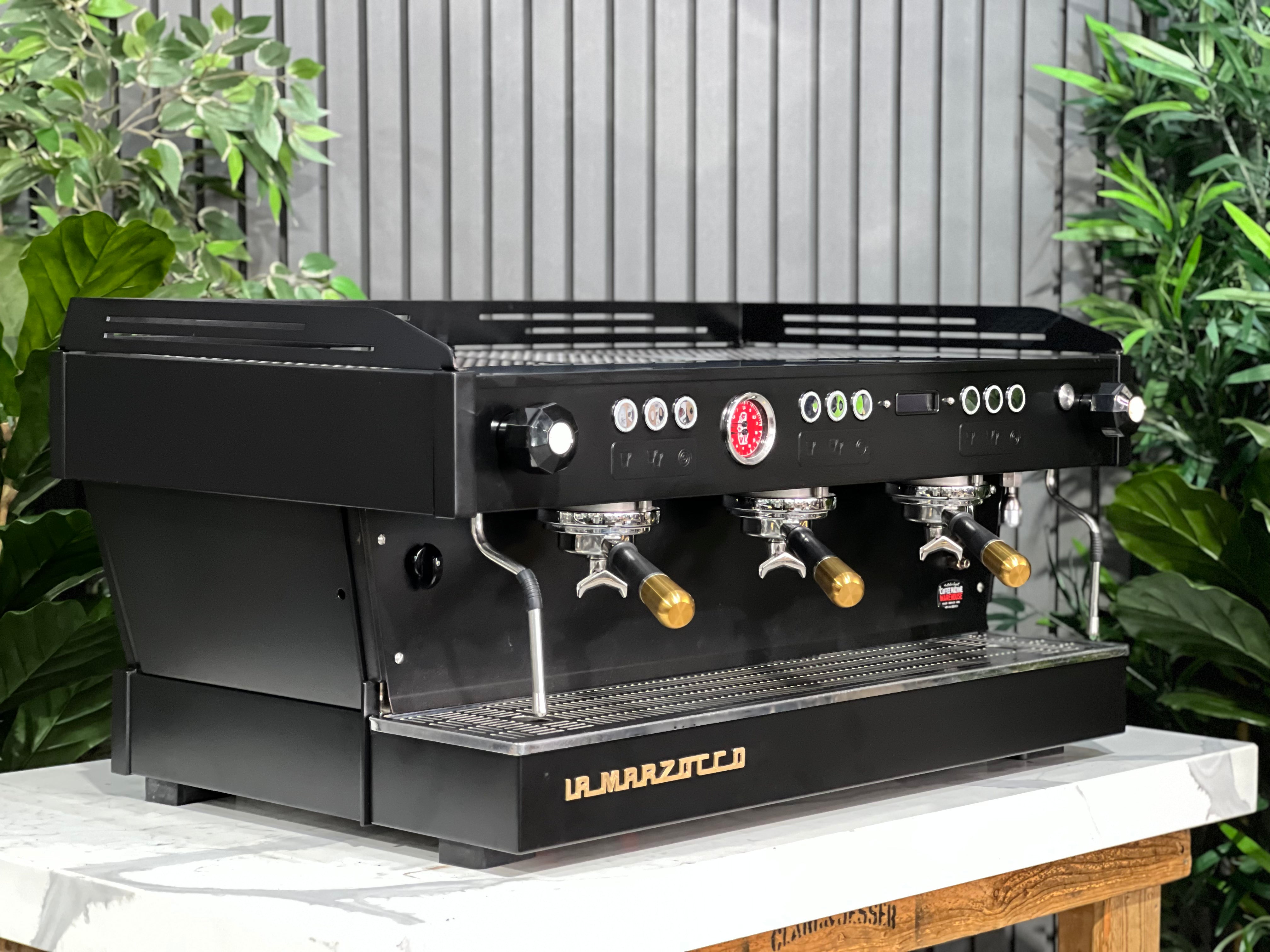 La Marzocco Linea PB Black with Gold Pesado & Logo - 3 Group Commercial Espresso Machine - Gold