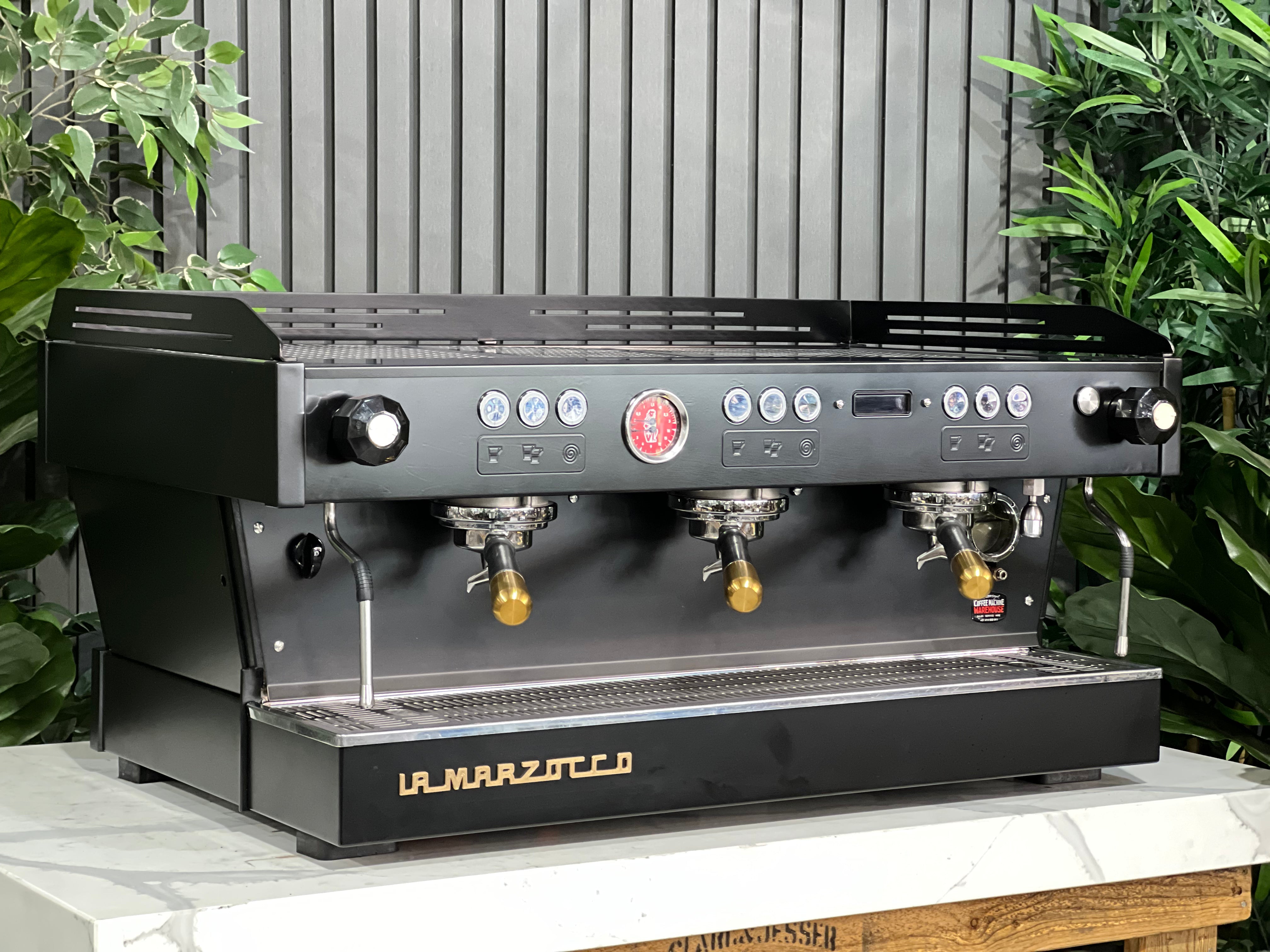 La Marzocco Linea PB Black with Gold Pesado & Logo - 3 Group Commercial Espresso Machine - Gold
