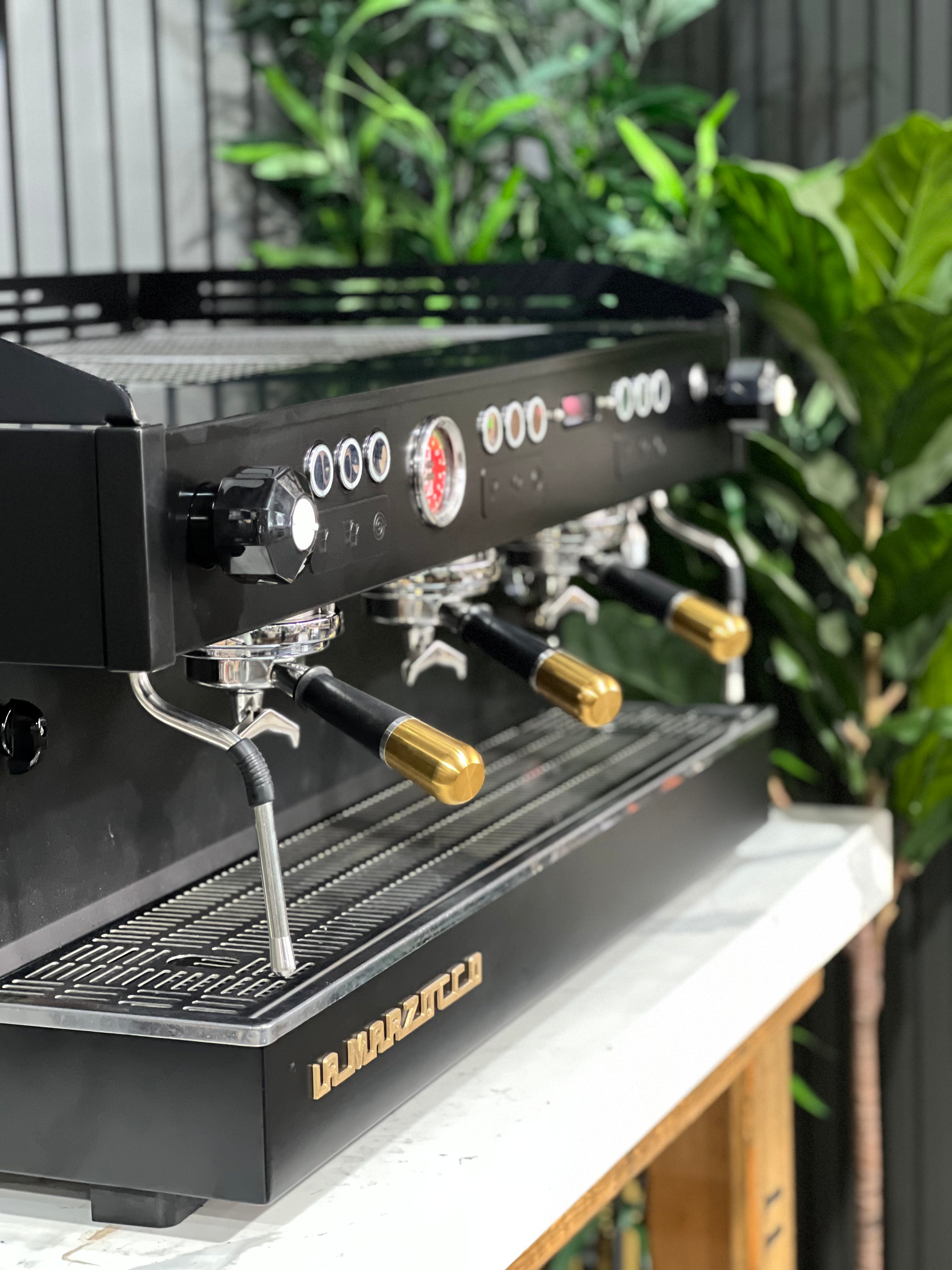 La Marzocco Linea PB Black with Gold Pesado & Logo - 3 Group Commercial Espresso Machine - Gold