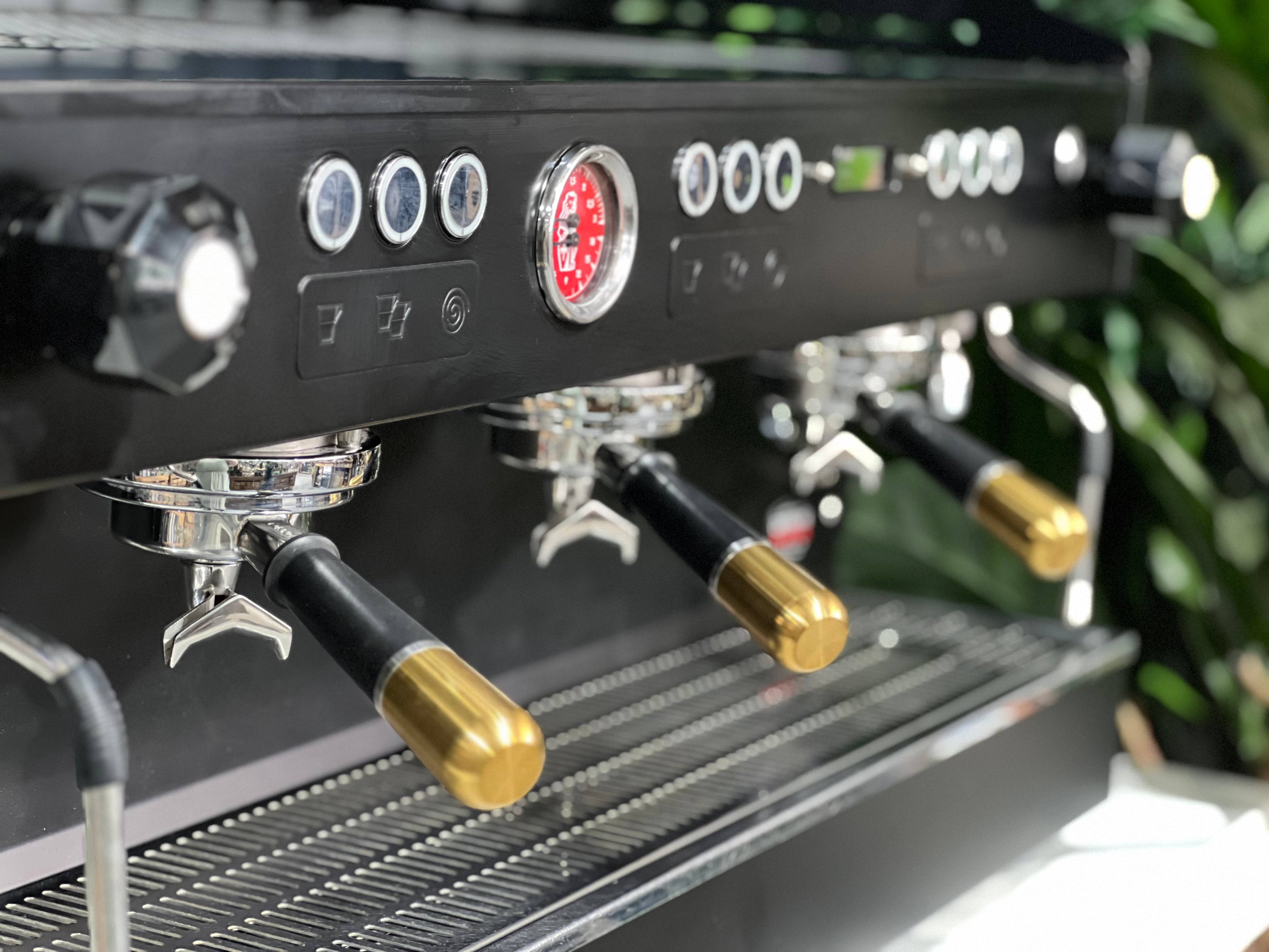 La Marzocco Linea PB Black with Gold Pesado & Logo - 3 Group Commercial Espresso Machine - Gold