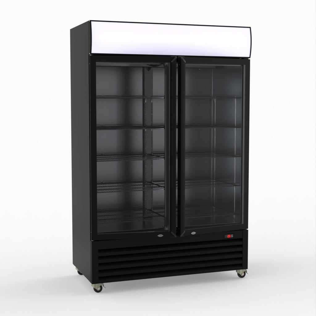 Thermaster 1200L Two Glass Door Colourbond Upright Drink Fridge Black LG-1200BP