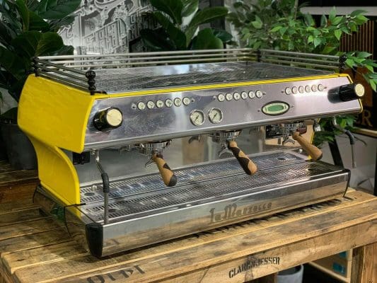 La Marzocco FB80 Yellow w Handles - 3 Group Commercial Espresso Machine - Timber