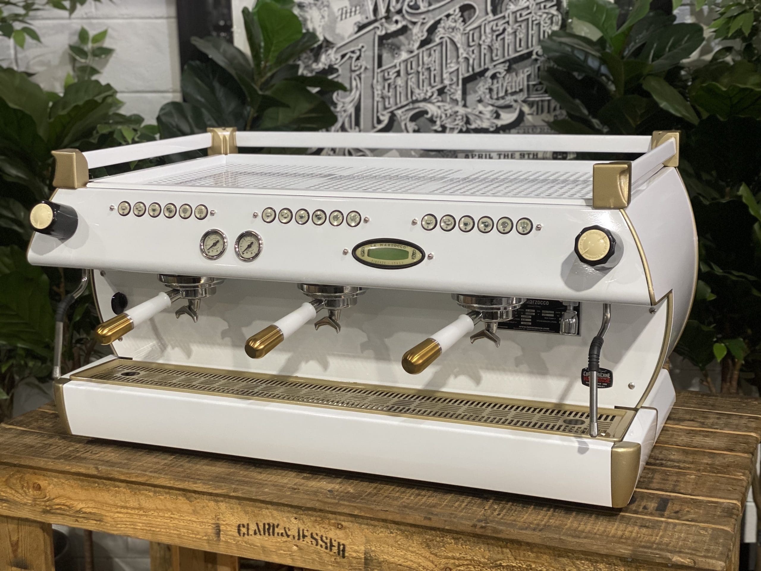 La Marzocco GB5 White & W. Pesado Group Handles - 3 Group Commercial Espresso Machine - Gold