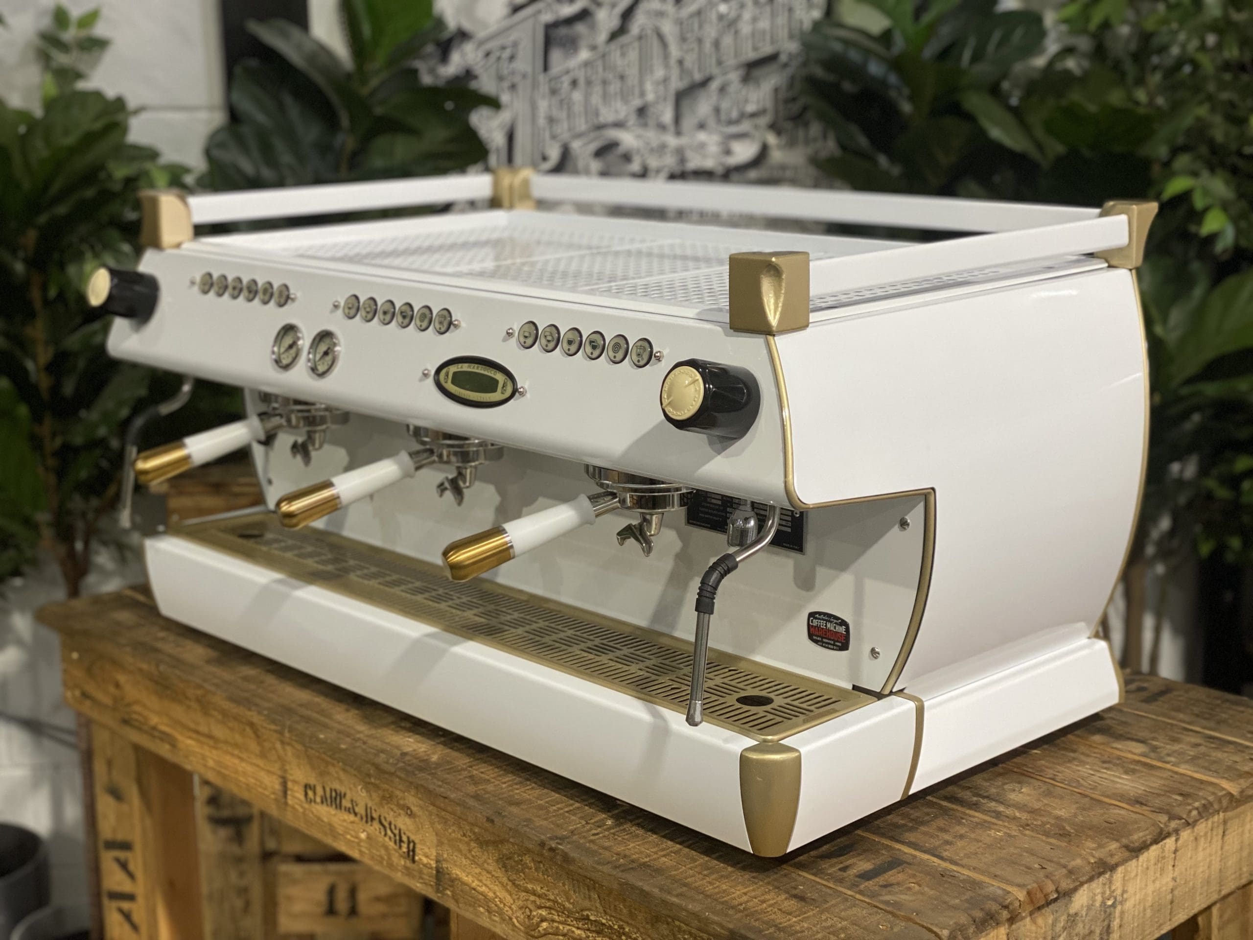 La Marzocco GB5 White & W. Pesado Group Handles - 3 Group Commercial Espresso Machine - Gold