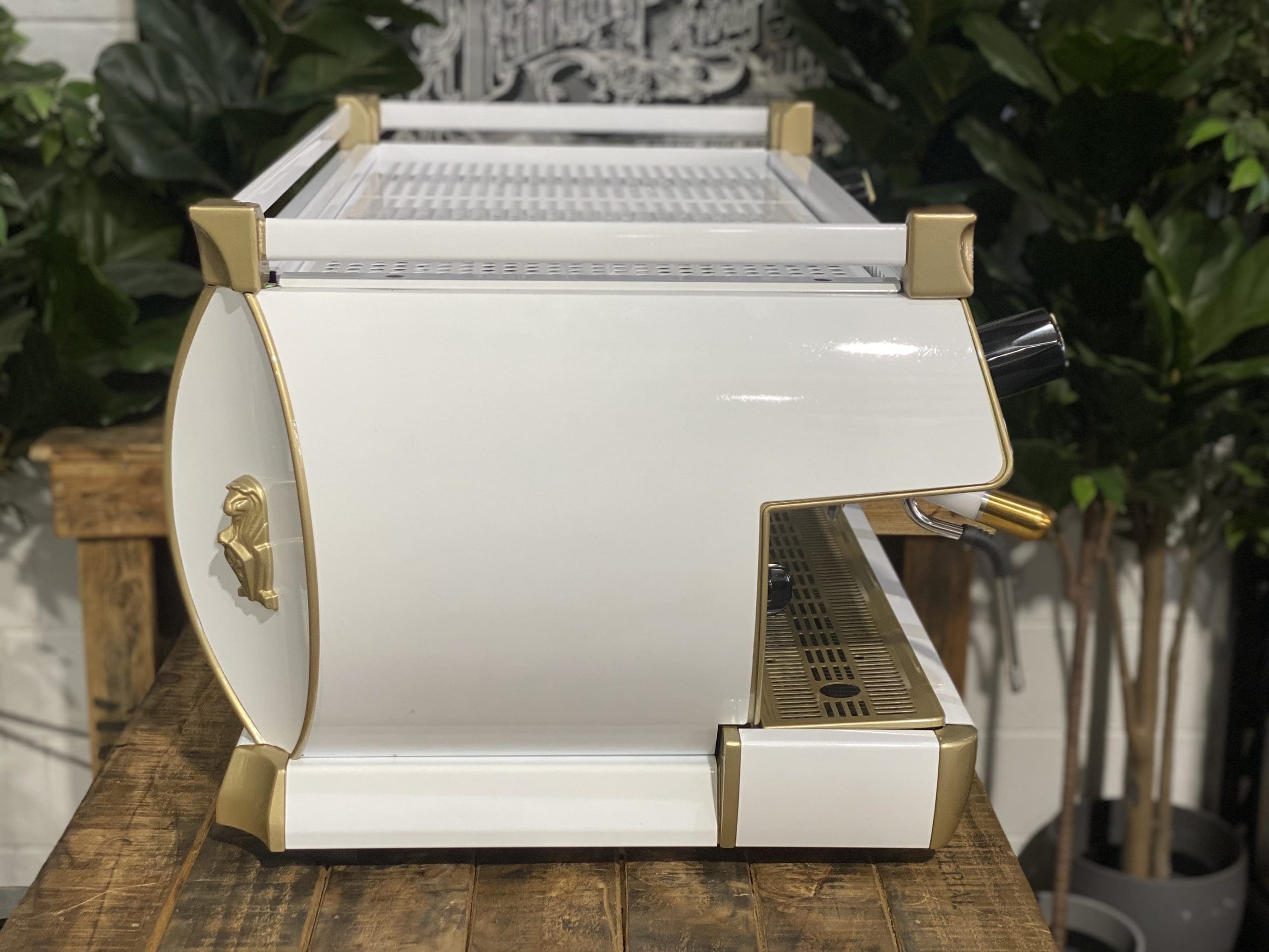 La Marzocco GB5 White & W. Pesado Group Handles - 3 Group Commercial Espresso Machine - Gold