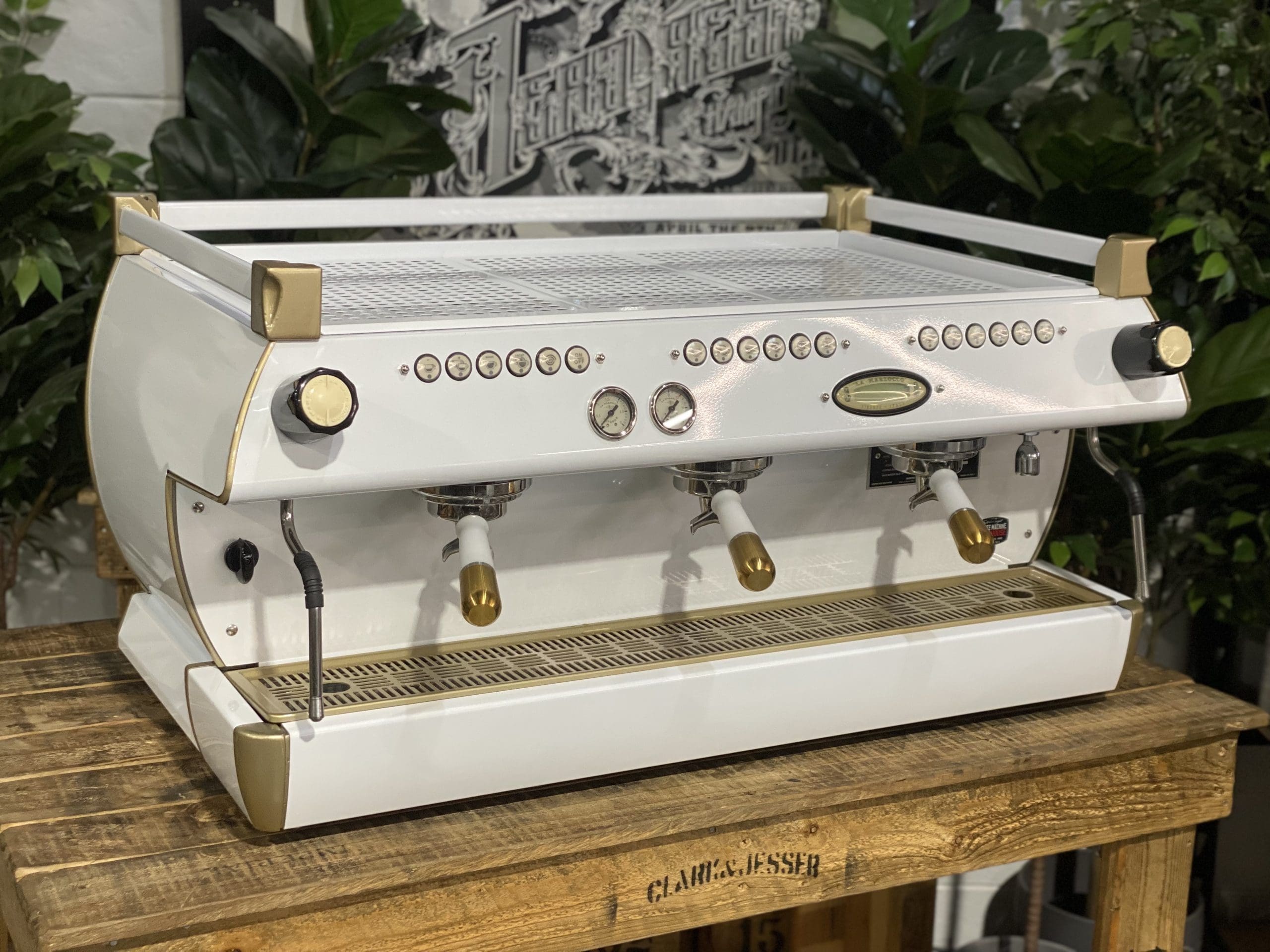 La Marzocco GB5 White & W. Pesado Group Handles - 3 Group Commercial Espresso Machine - Gold