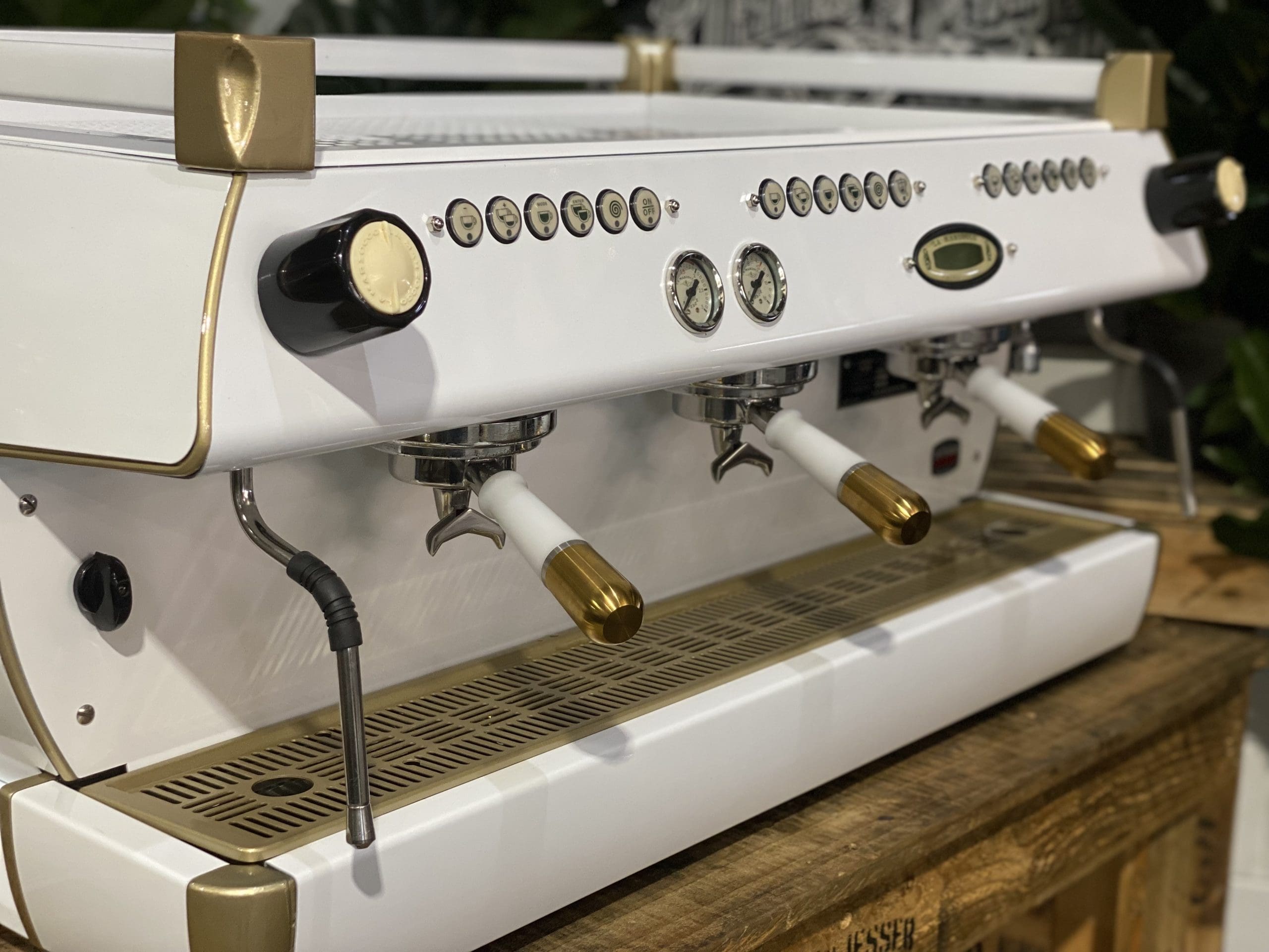La Marzocco GB5 White & W. Pesado Group Handles - 3 Group Commercial Espresso Machine - Gold