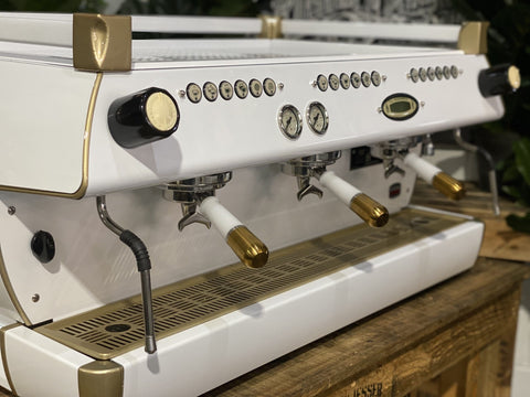 La Marzocco GB5 White & W. Pesado Group Handles - 3 Group Commercial Espresso Machine - Gold