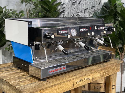 La Marzocco Linea Classic White & Black Pesado Portafilters 3 Group Used White & Blue