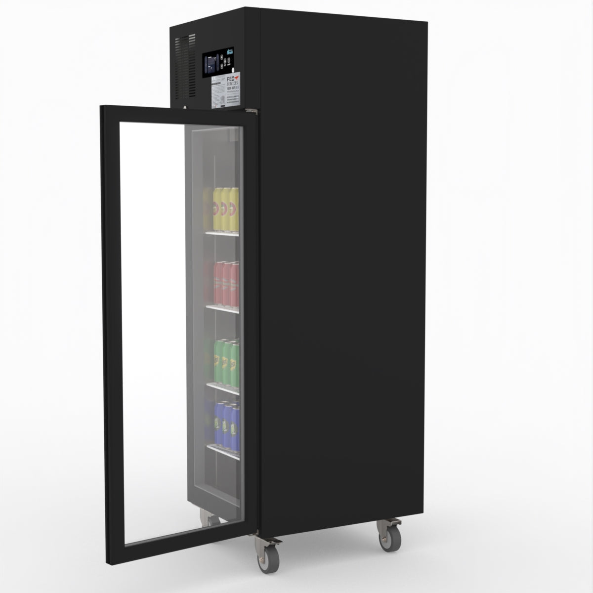 Thermaster Single Glass Door Upright Fridge Black Stainless Steel SUCG500B