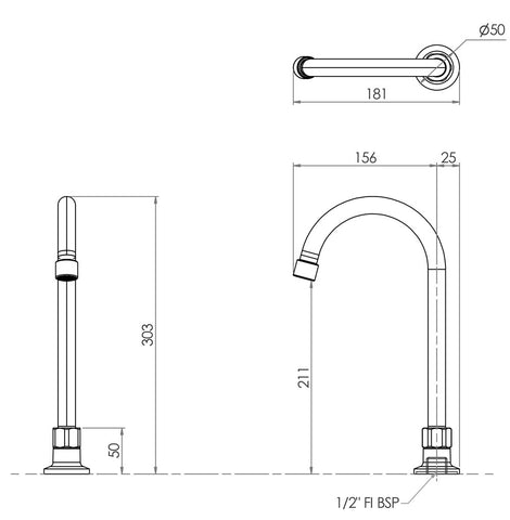 3Monkeez Stainless Steel Single Hob Mount (No Stops) with Gooseneck Spout - 12" Spout