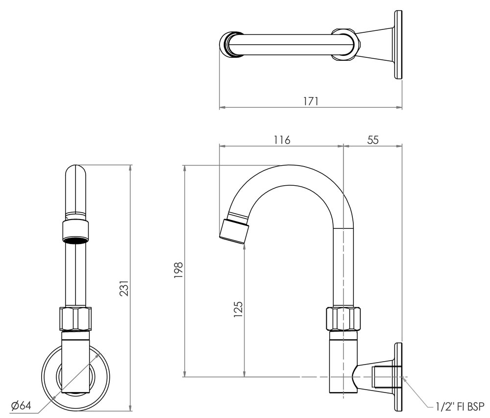 3Monkeez Stainless Steel Wall Elbow with Gooseneck Swivel Spout - 12" Spout