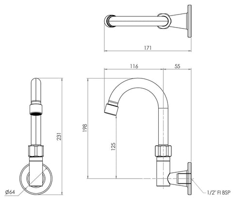 3Monkeez Stainless Steel Wall Elbow with Gooseneck Swivel Spout - 12" Spout