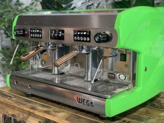 Wega Polaris Lime Green Handles - 2 Group Commercial Espresso Machine - Timber