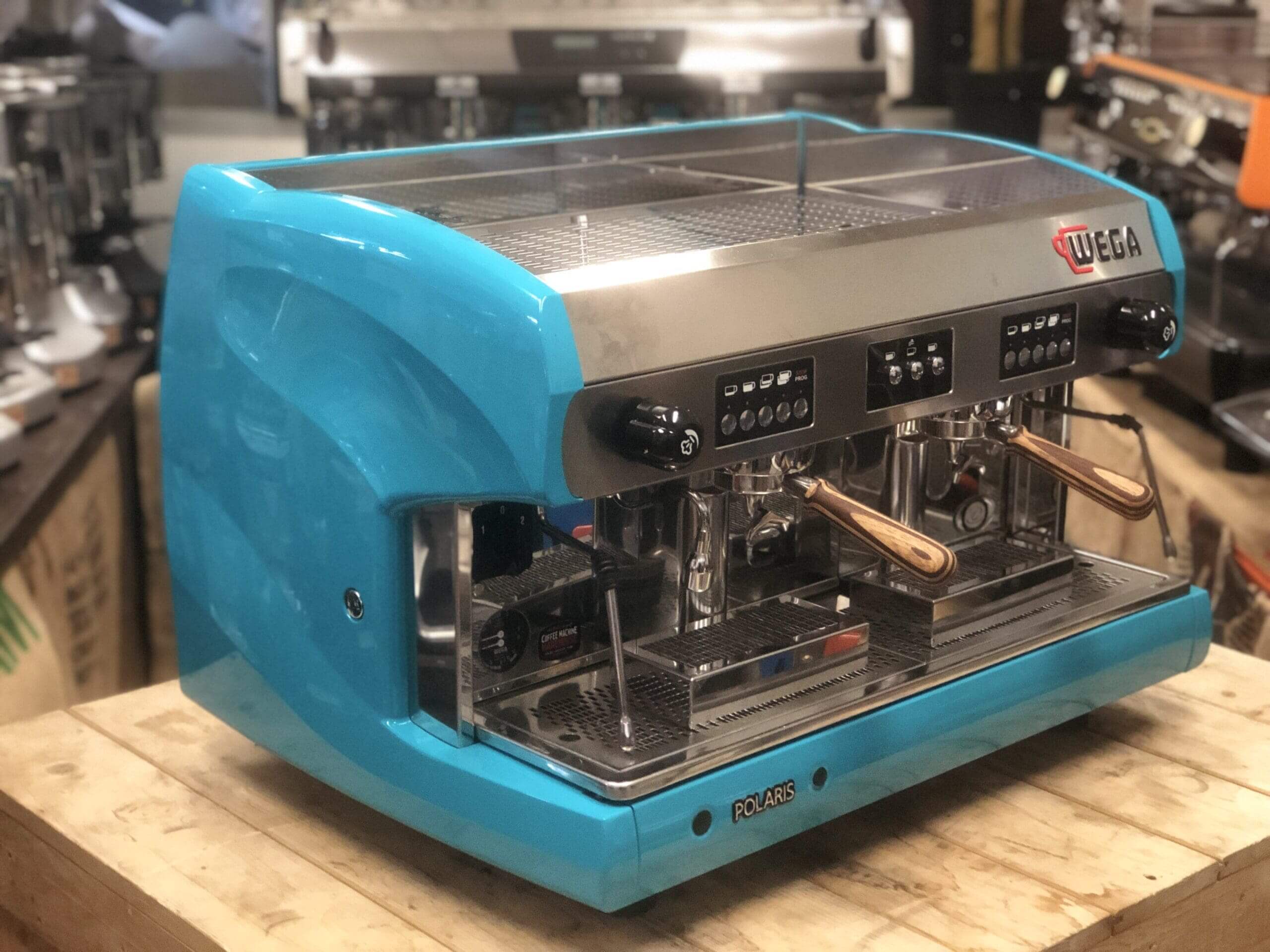 Wega Polaris Timber Handles High Cup - 2 Group Commercial Espresso Machine - Blue