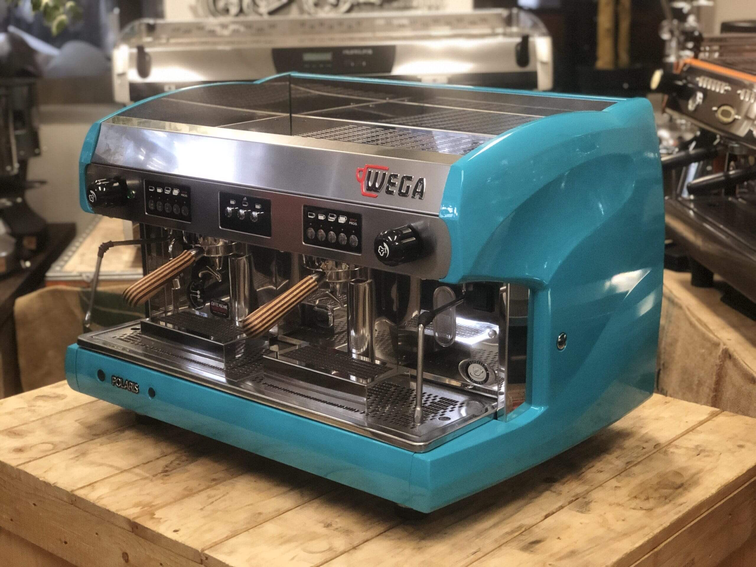 Wega Polaris Timber Handles High Cup - 2 Group Commercial Espresso Machine - Blue