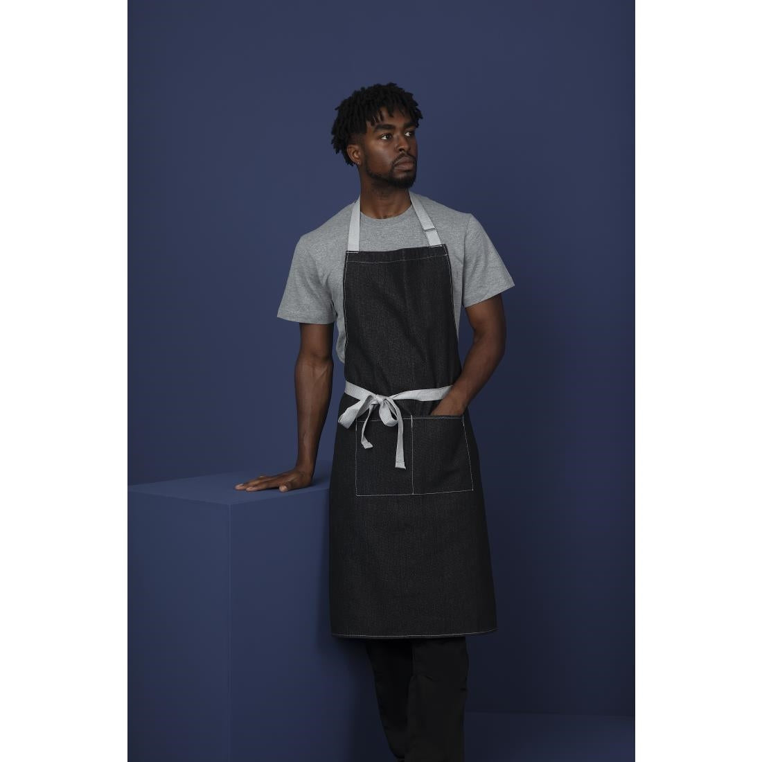 Southside Bib Apron Denim Black with Grey Ties - B981