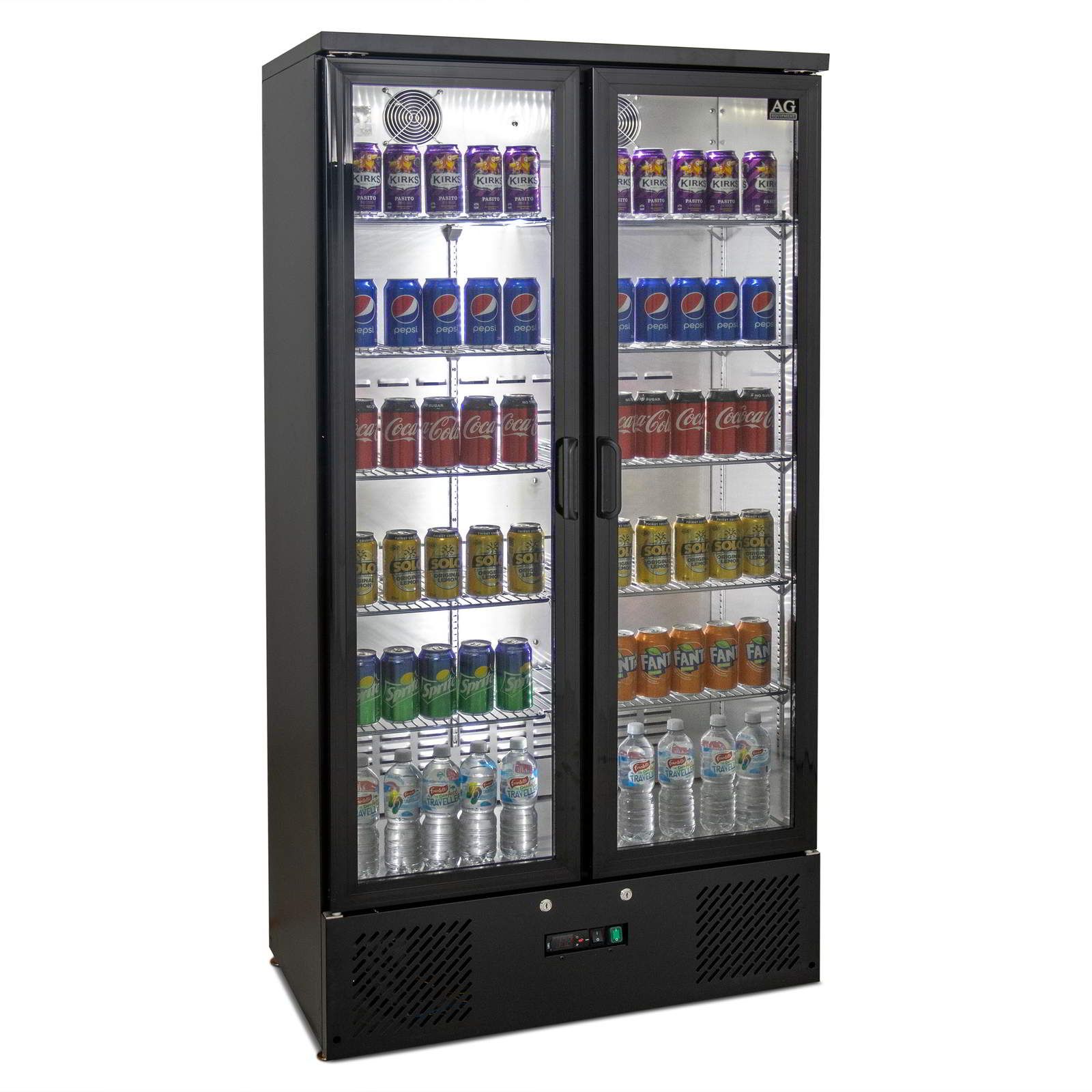 AG Equipment 477L Upright Double Glass Door Display / Backbar Fridge - Black B500G