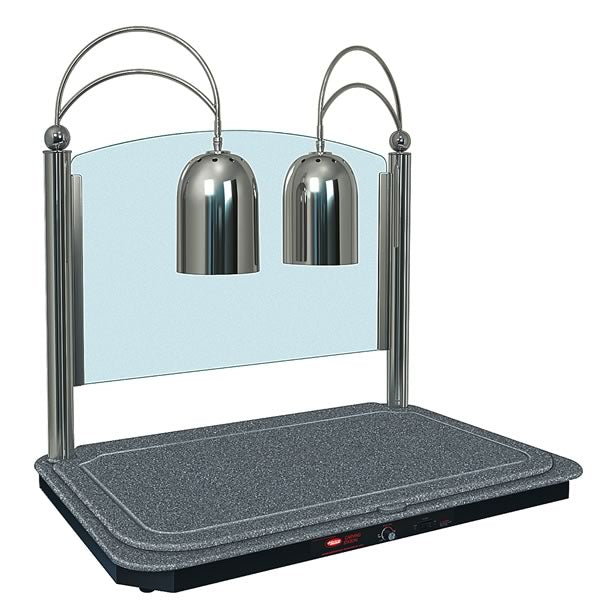 Hatco Decorative Glo Ray Carving Station with a rectangular swanstone heated base, dual overhead lights and sneeze guard - 911mm x 610mm x 864mm - 1168mm - DCSB400-3624-2-GGBN