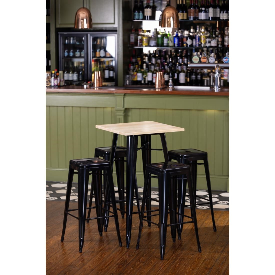 Bolero Bistro Metal Square Bar Table Black with Wooden Top 600mm - FB595