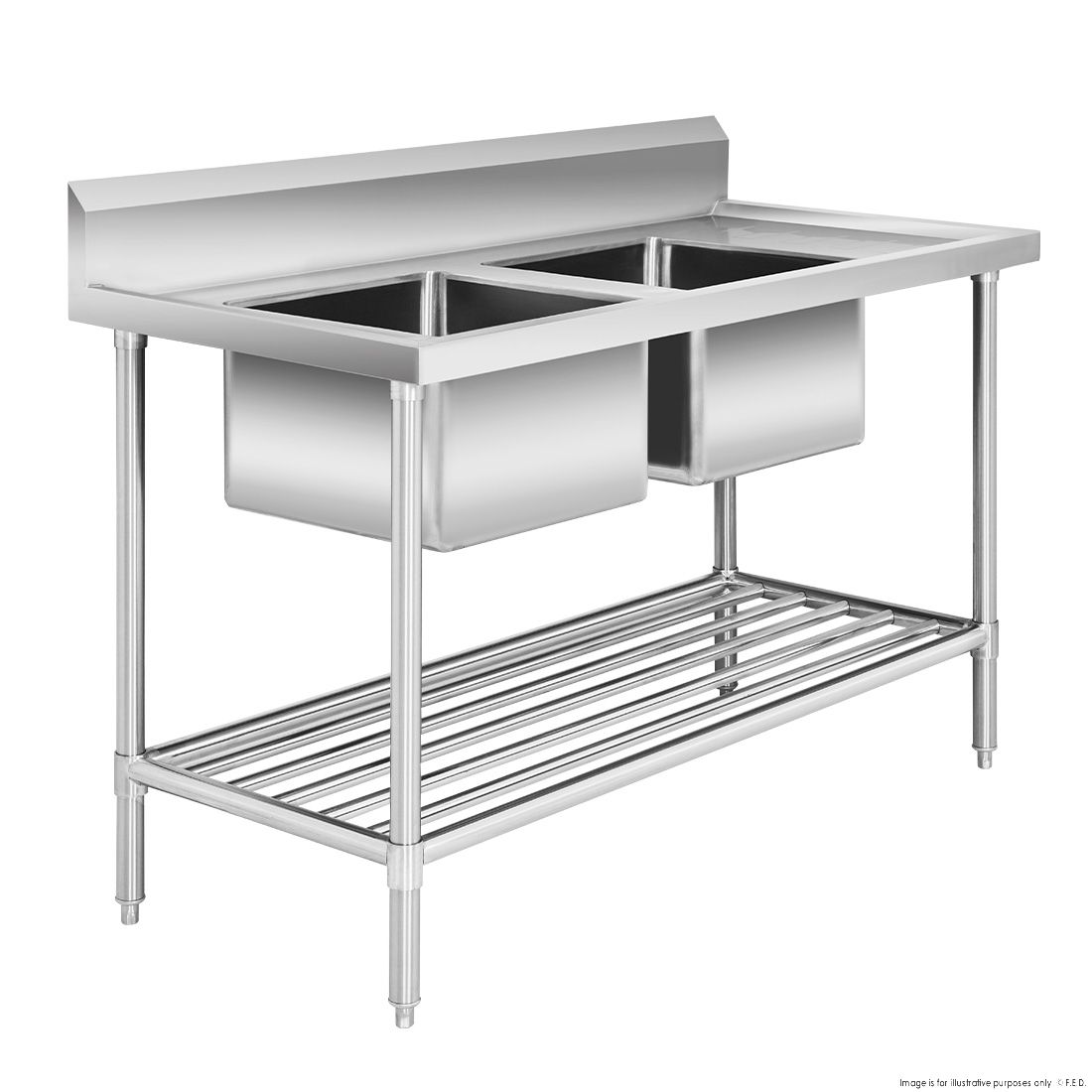 Modular Systems Double Sink Bench with Pot Undershelf - 1200-2400mm Width - Center/Left/Right Sink Position
