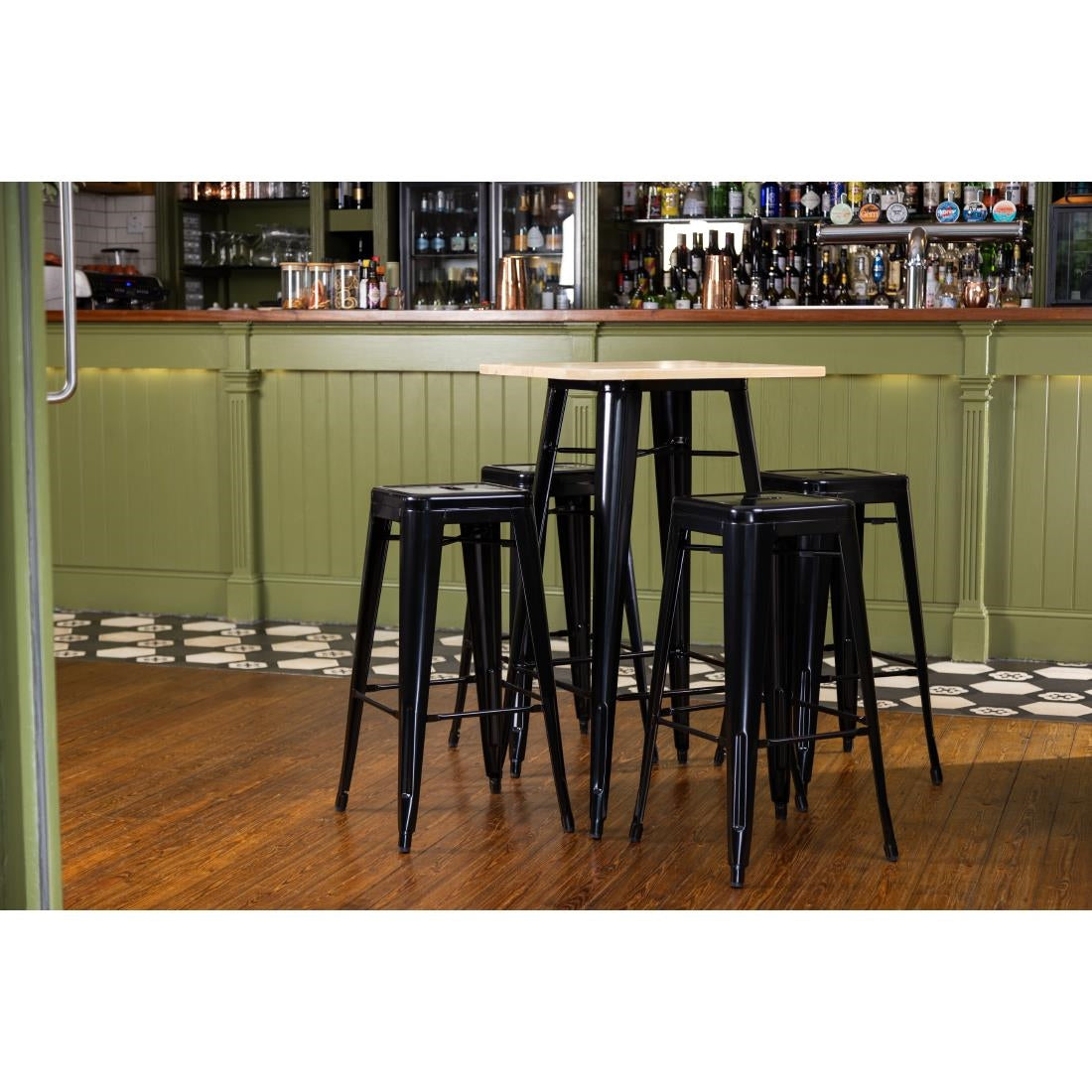 Bolero Bistro Metal Square Bar Table Black with Wooden Top 600mm - FB595