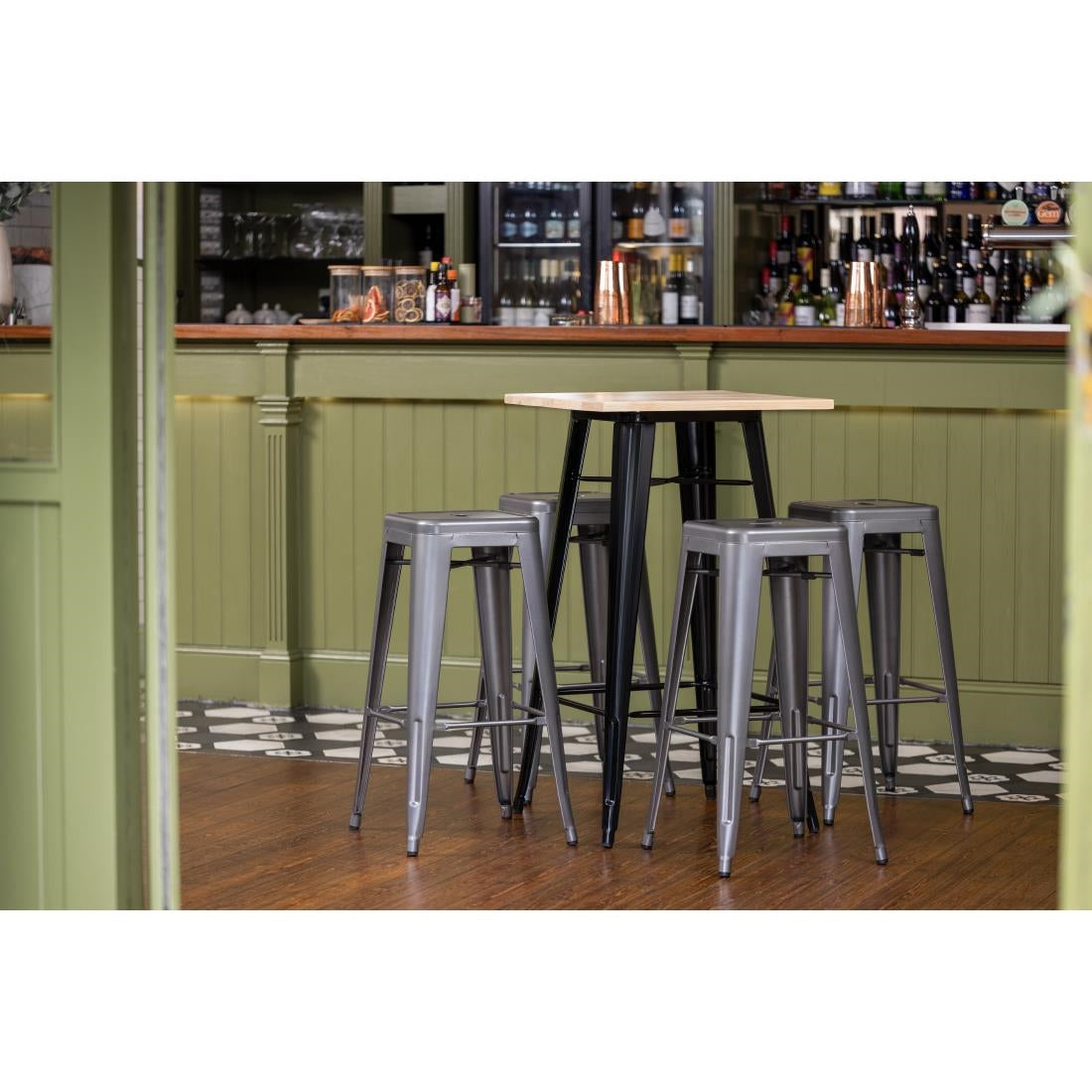 Bolero Bistro Metal Square Bar Table Black with Wooden Top 600mm - FB595