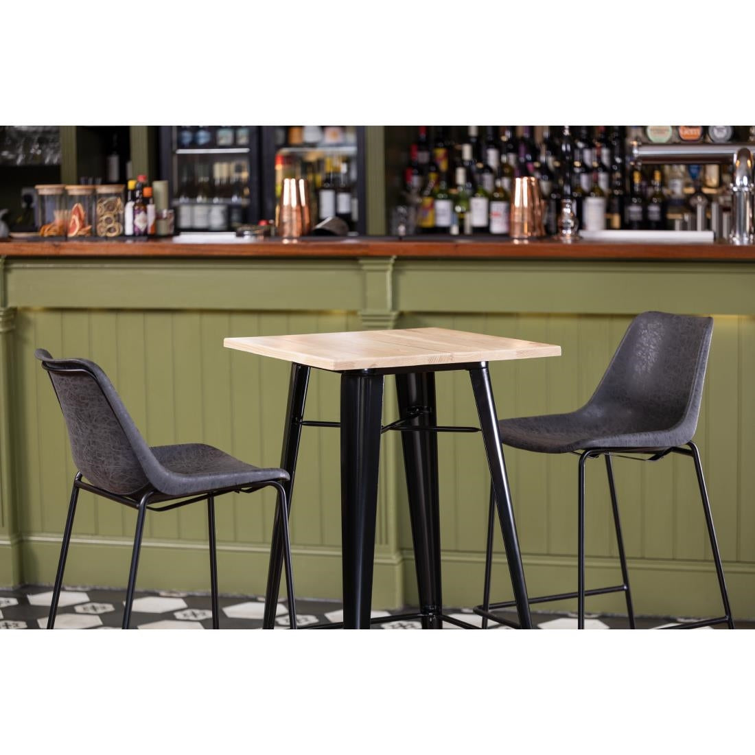 Bolero Bistro Metal Square Bar Table Black with Wooden Top 600mm - FB595
