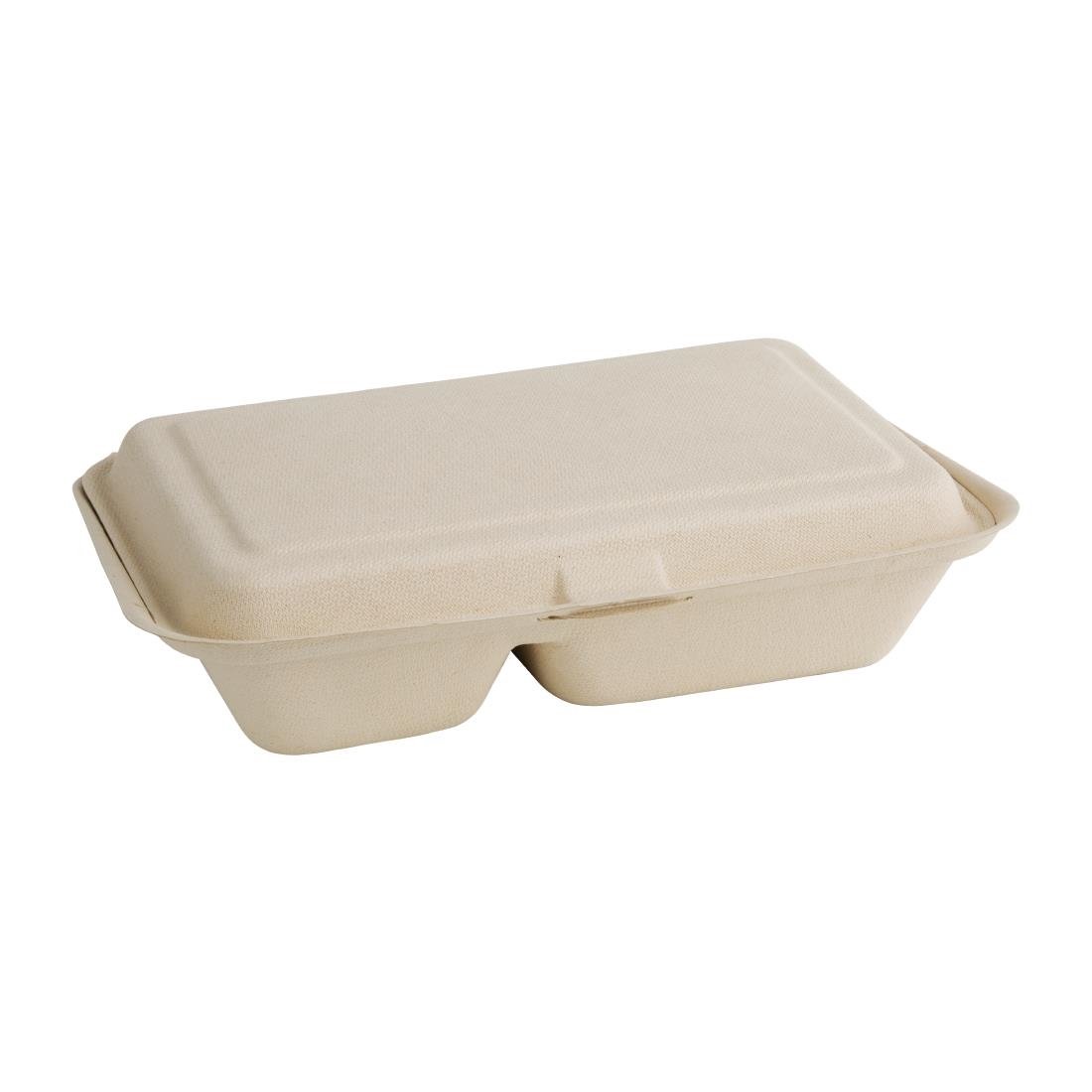 Fiesta Compostable Bagasse Two-Compartment Hinged Food Containers Natural Colour 253mm (Pack of 200) - FC541