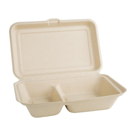 Fiesta Compostable Bagasse Two-Compartment Hinged Food Containers Natural Colour 253mm (Pack of 200) - FC541